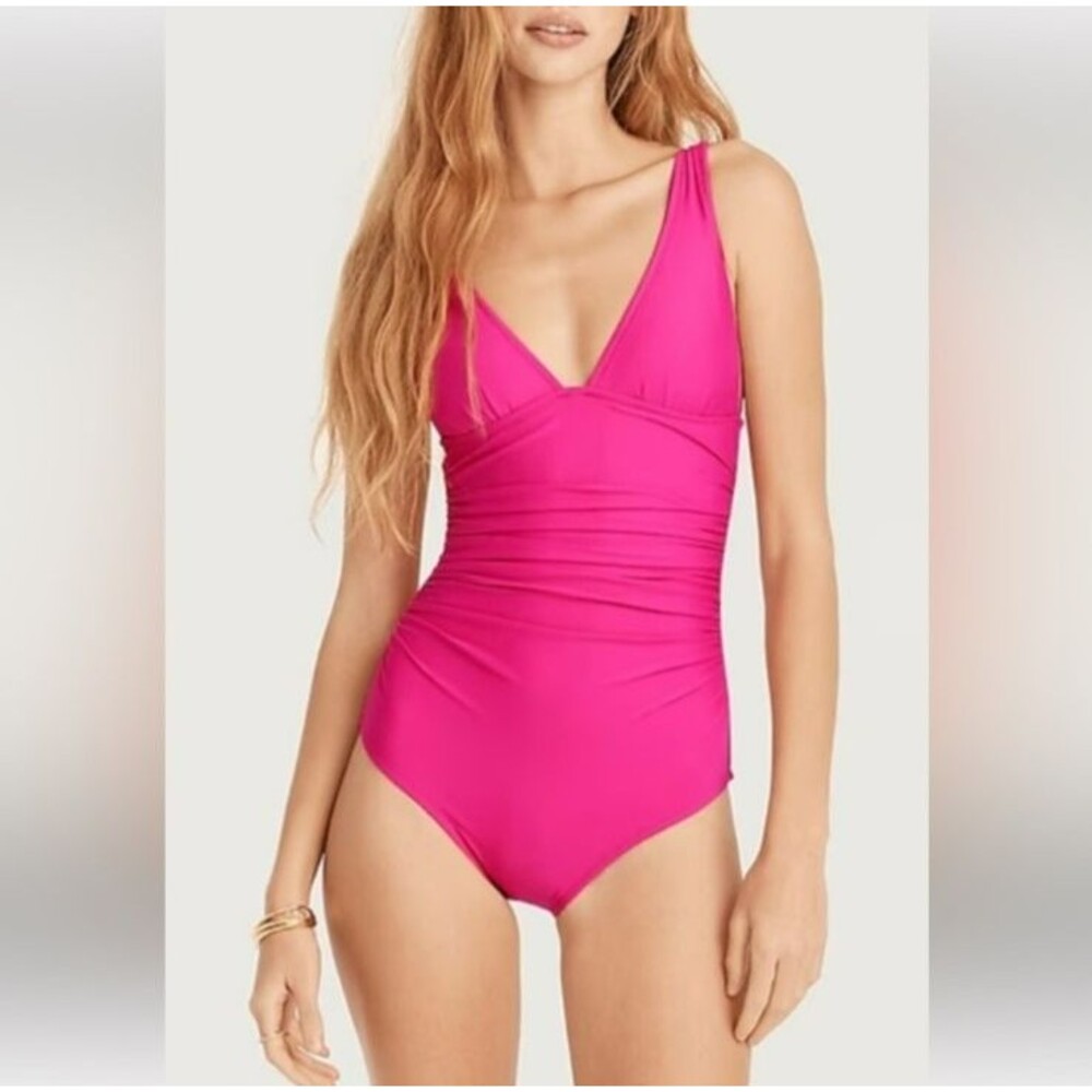 J. Crew Women's Size 4 Radiant Fuschia‎ Ruched V Neck Swimsuit NWT - Picture 5 of 5